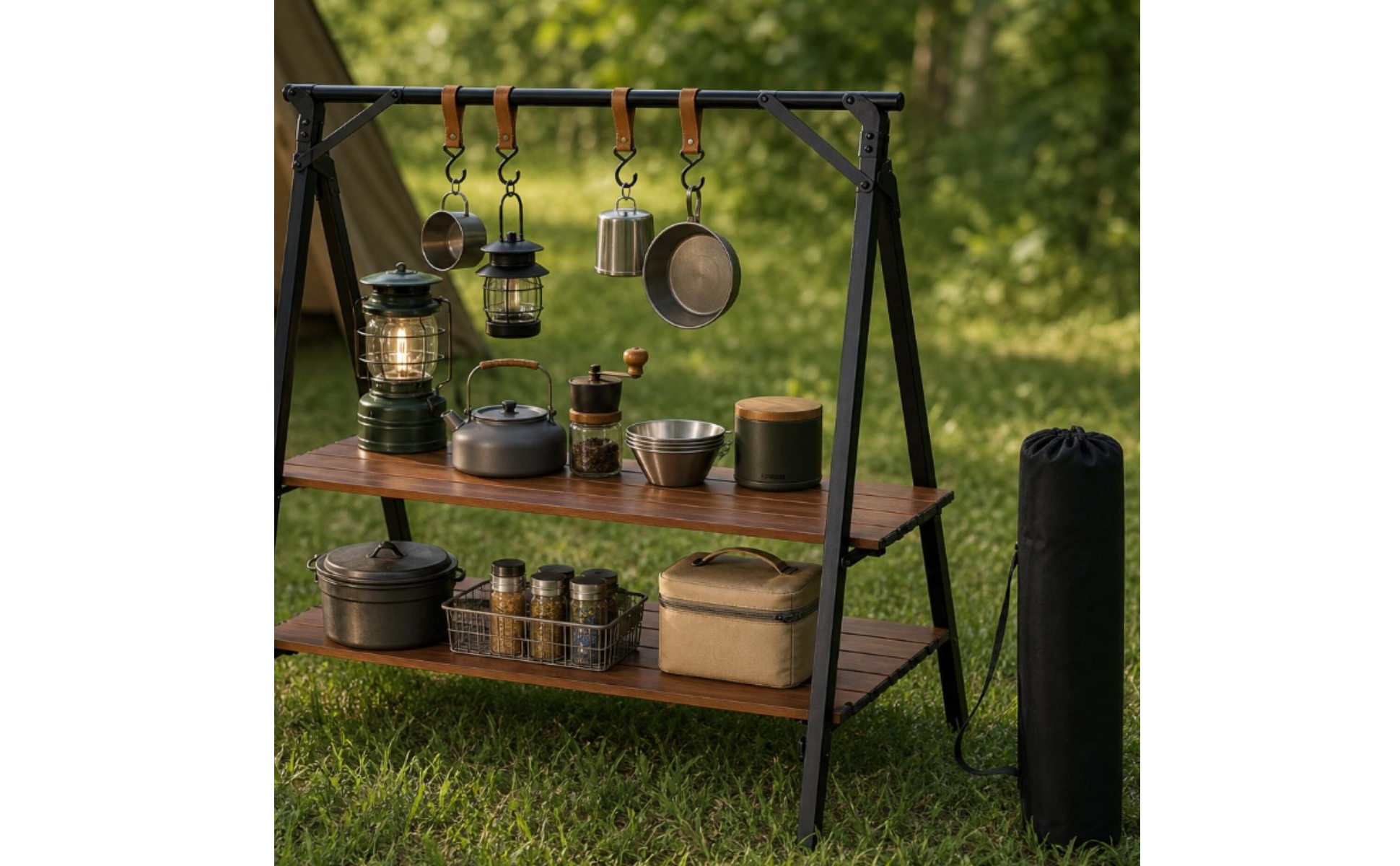 Camping Shelf with Carry Bag Foldable Folding Rack with Hangers Portable