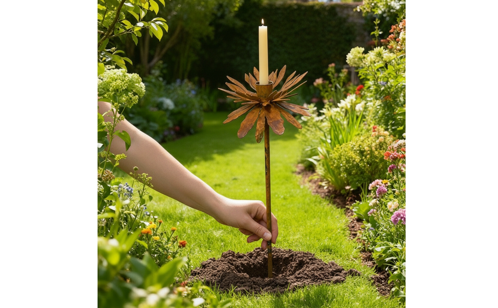 Garden Stake with Candle Cup Decorative Flower Garden Stake Rustic for Patio