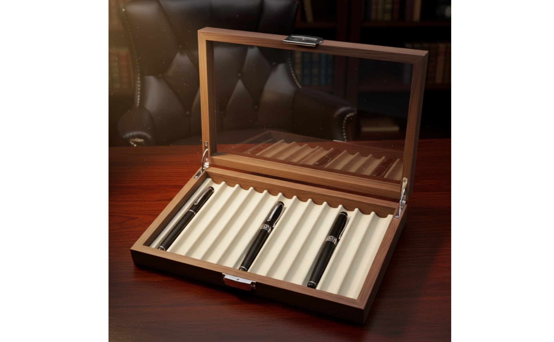 Pen Storage Box with Transparent Lid Wooden Pen Display Box Desktop for Office