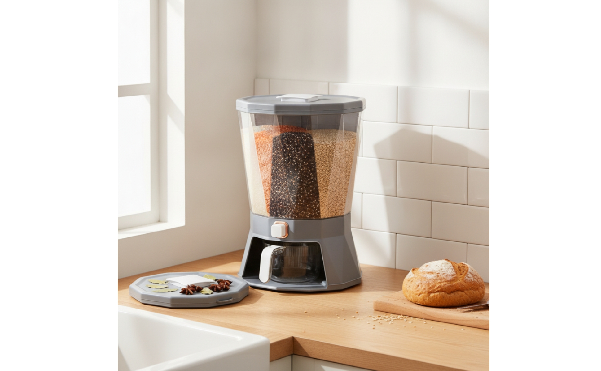 Rice Dispenser with Measuring Cup Rotating Grain Dispenser with Measuring Cup