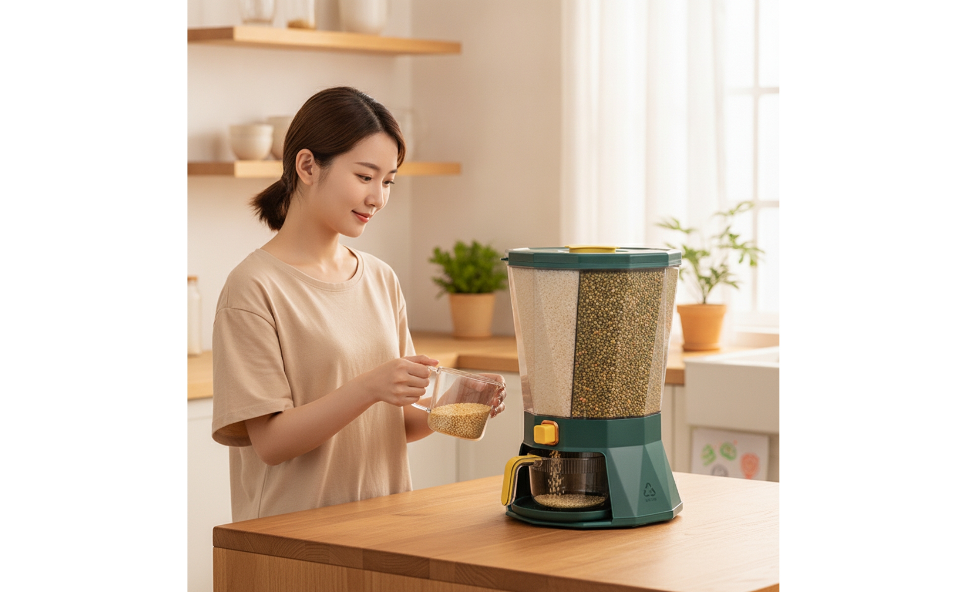 Rice Dispenser with Measuring Cup Rotating Grain Dispenser with Measuring Cup