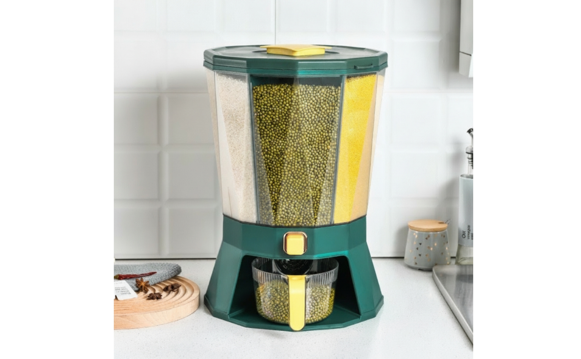 Rice Dispenser with Measuring Cup Rotating Grain Dispenser with Measuring Cup