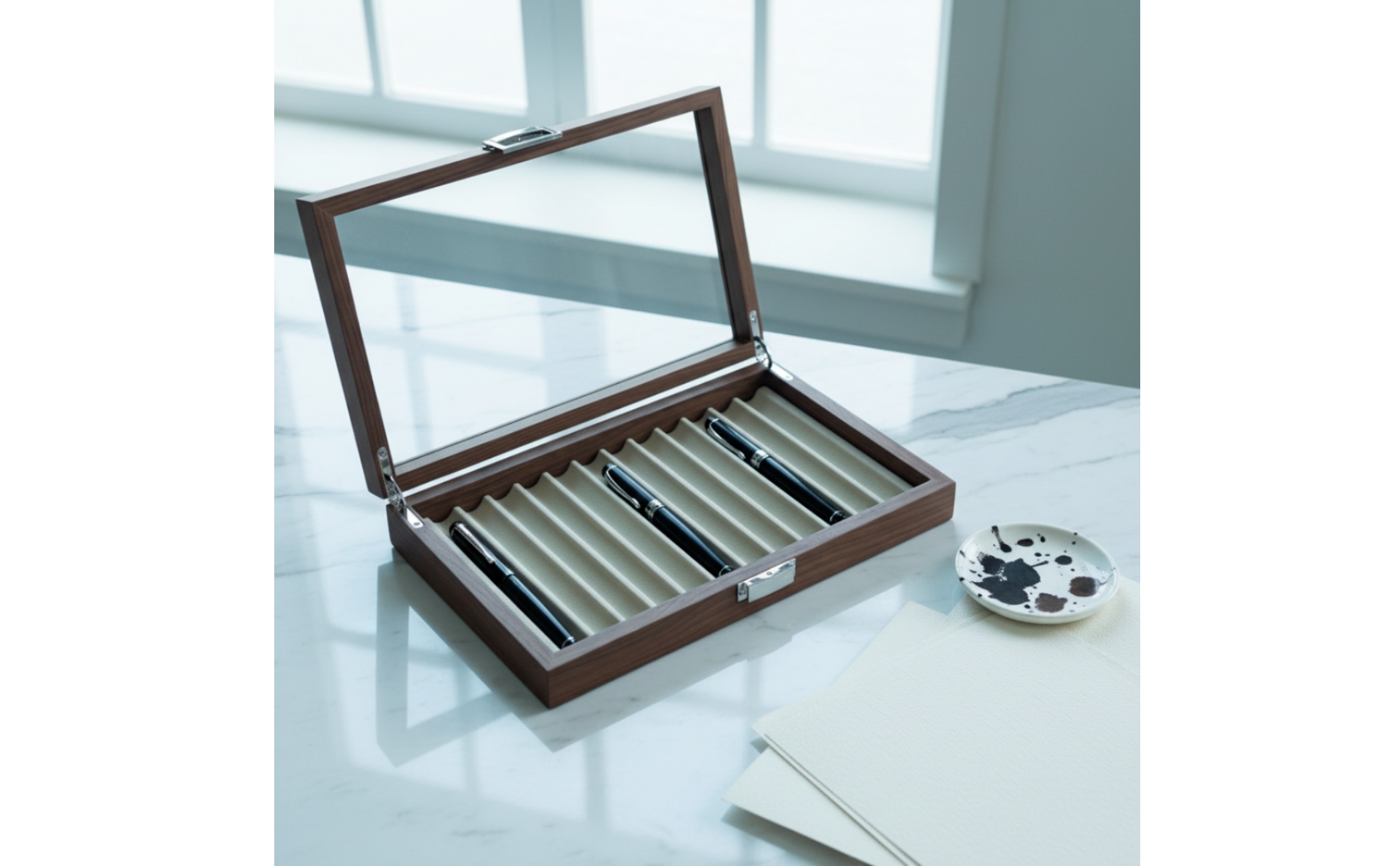Pen Storage Box with Transparent Lid Wooden Pen Display Box Desktop for Office
