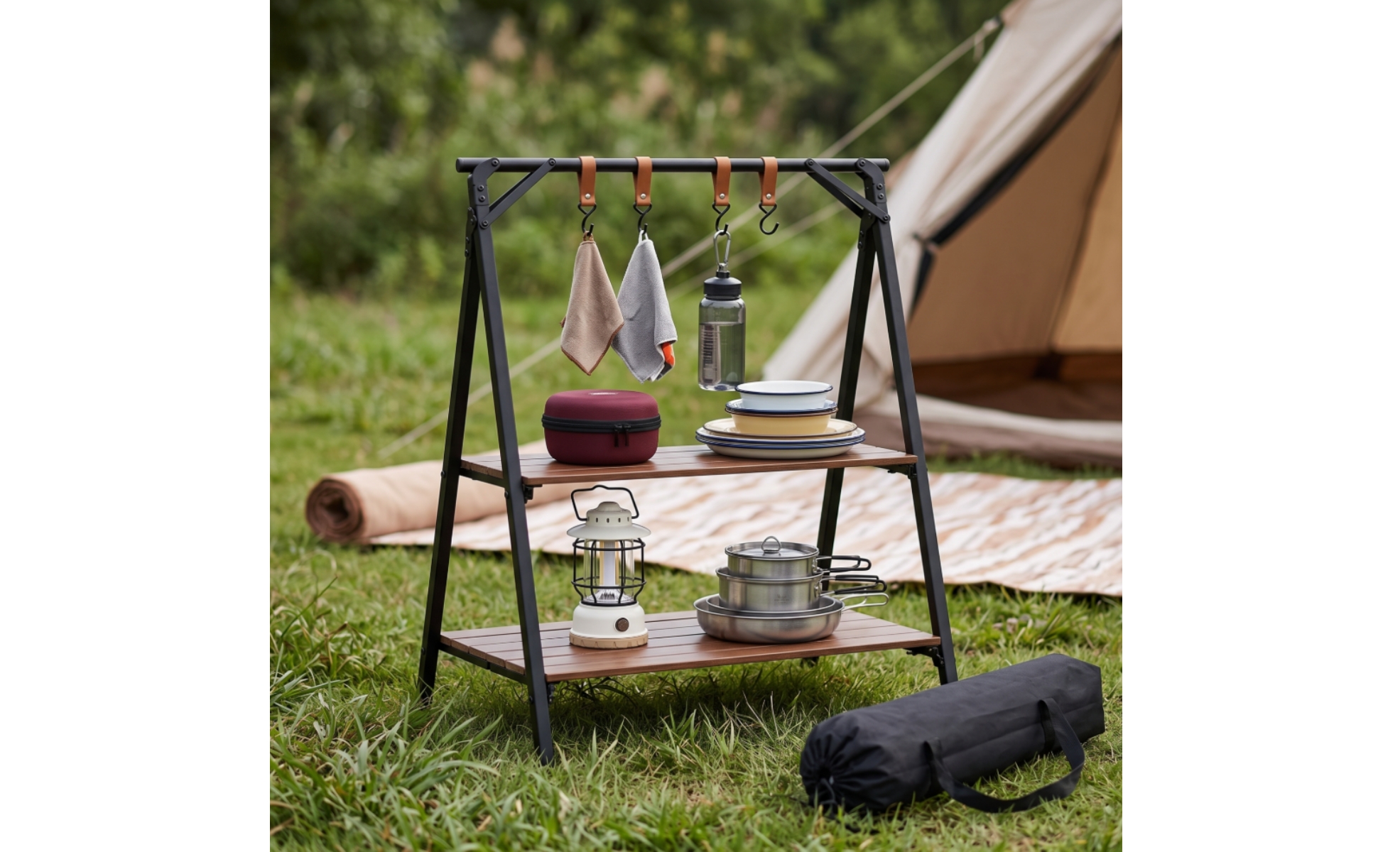 Camping Shelf with Carry Bag Foldable Folding Rack with Hangers Portable