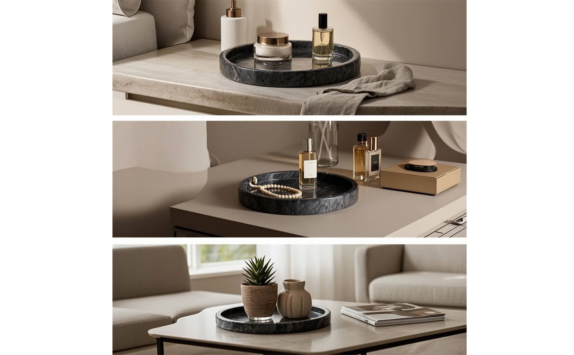 Marble Tray Round Marble Plate Raised Rim for Dressing Table, Entry Console