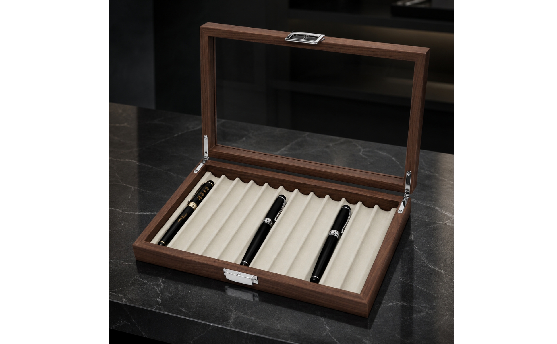 Pen Storage Box with Transparent Lid Wooden Pen Display Box Desktop for Office