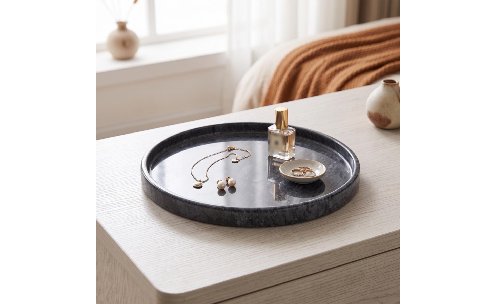 Marble Tray Round Marble Plate Raised Rim for Dressing Table, Entry Console