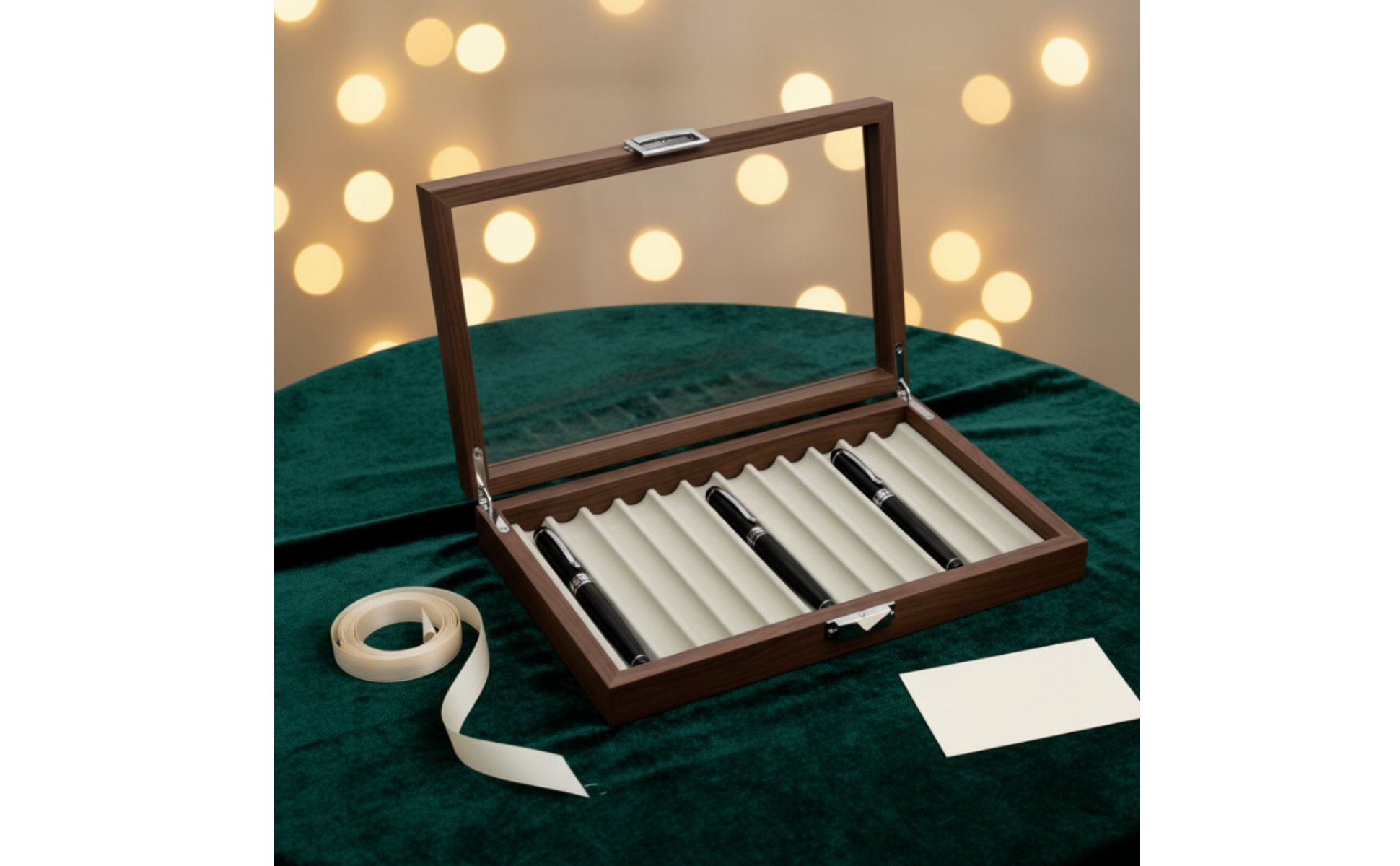 Pen Storage Box with Transparent Lid Wooden Pen Display Box Desktop for Office