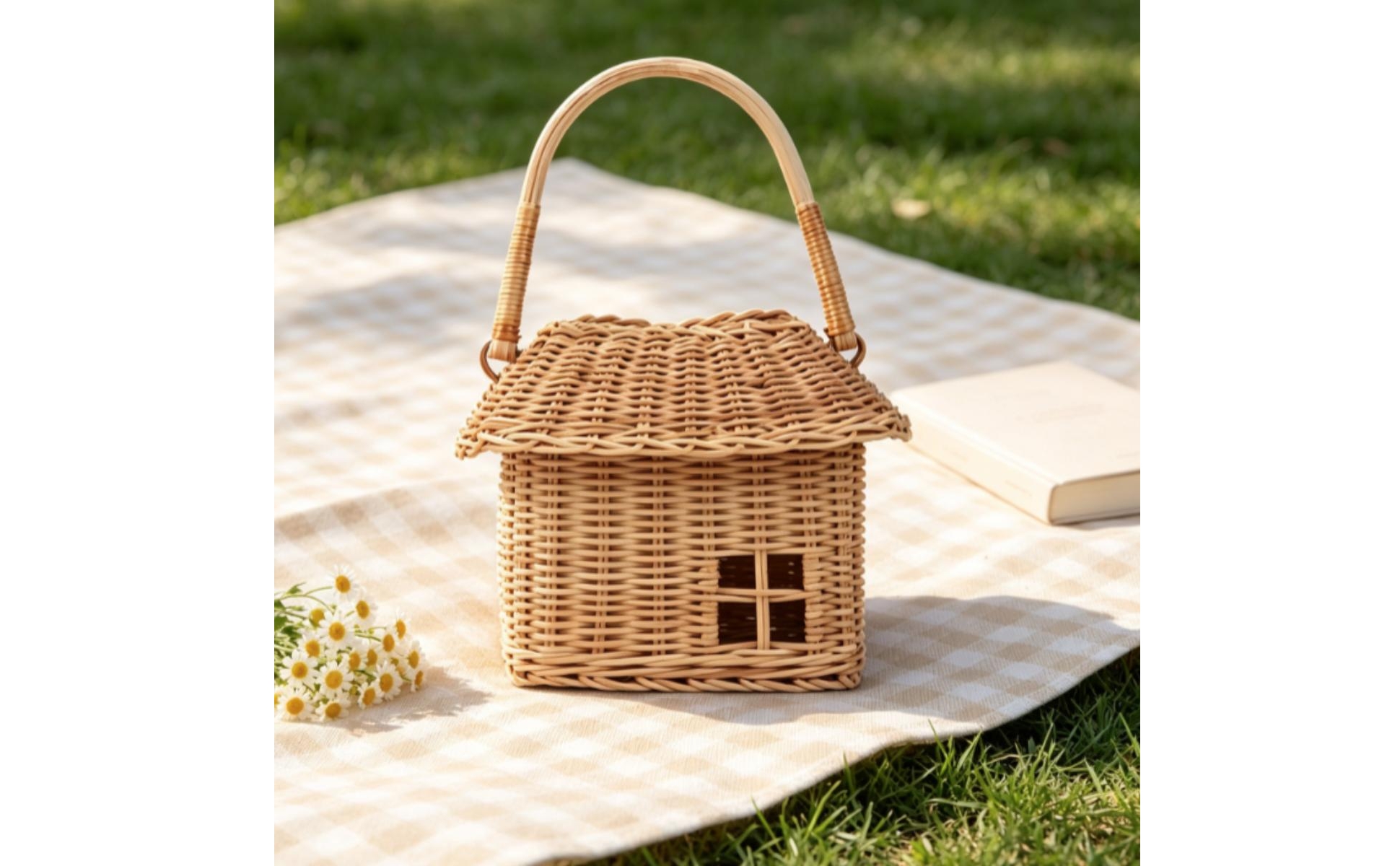 House-Shaped Basket Cute Wicker Basket with Lid Woven for Pretend Play, Toddlers