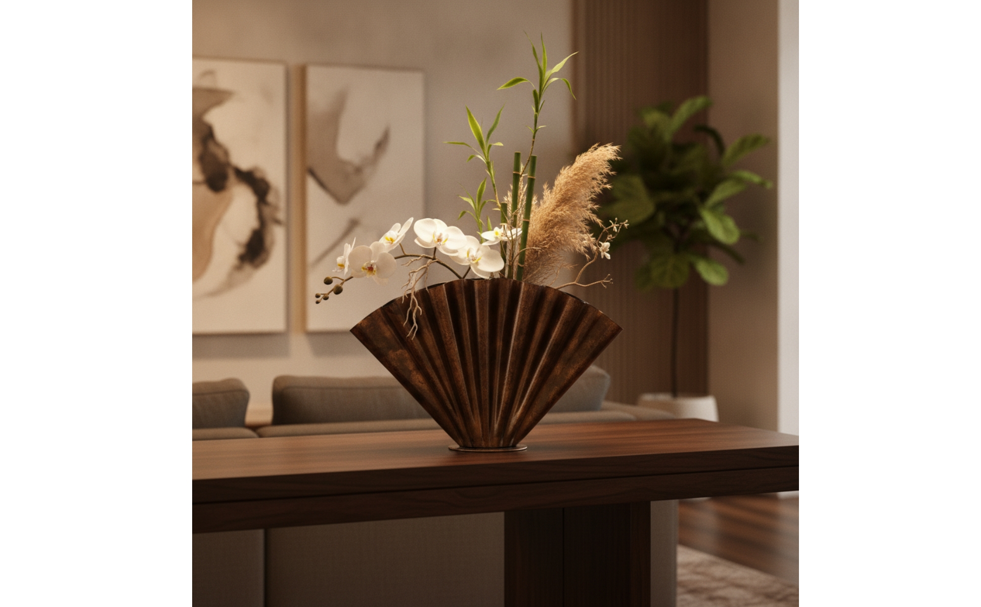 Pleated Metal Vase Antique Finish Fan-Shaped Vase Shiny for Entryway, Mantel