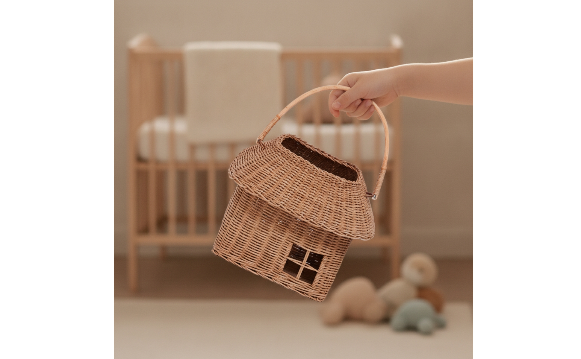 House-Shaped Basket Cute Wicker Basket with Lid Woven for Pretend Play, Toddlers