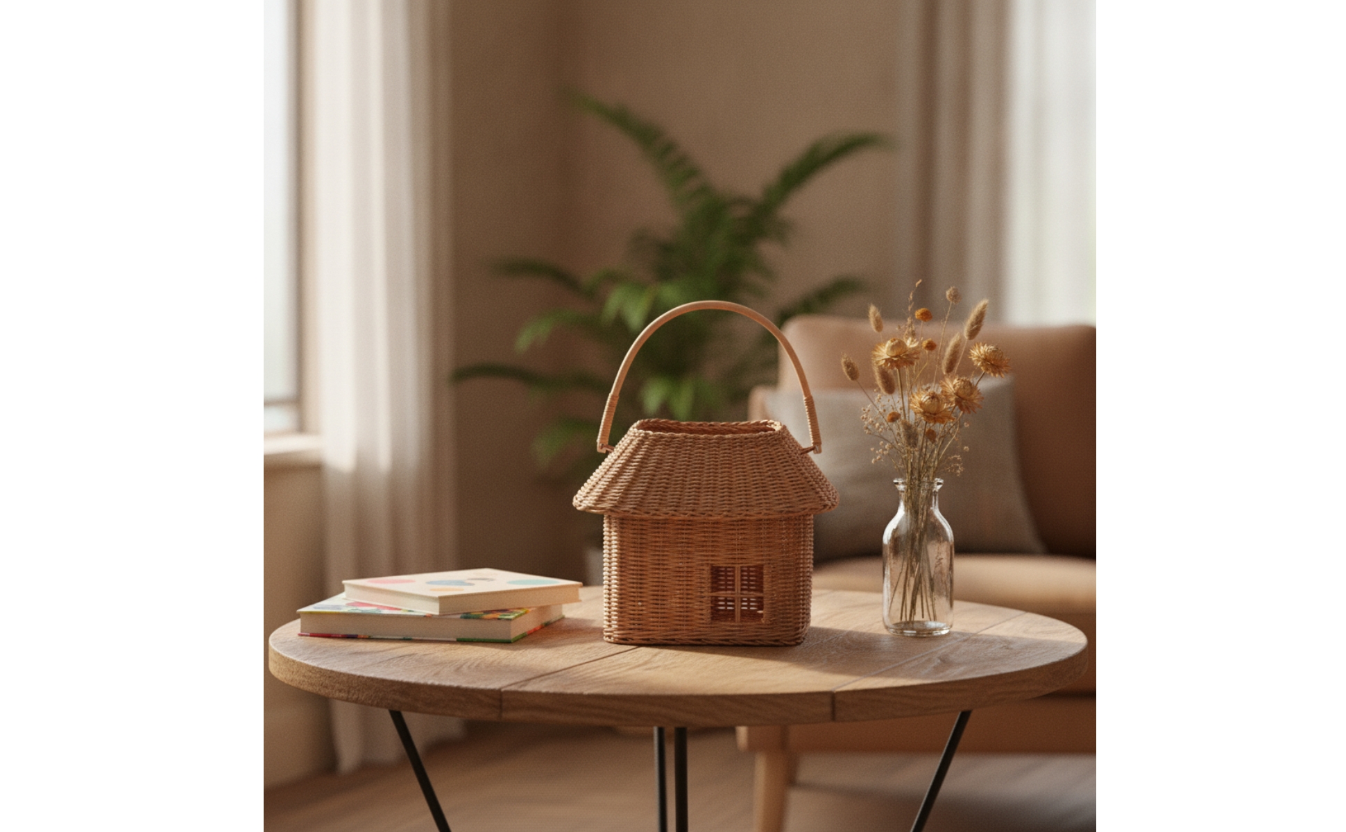 House-Shaped Basket Cute Wicker Basket with Lid Woven for Pretend Play, Toddlers