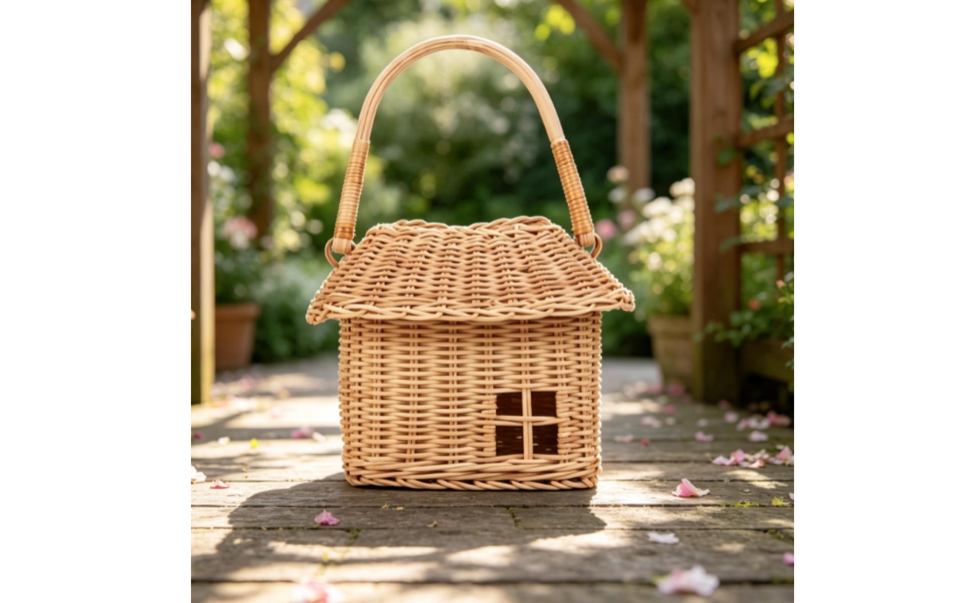 House-Shaped Basket Cute Wicker Basket with Lid Woven for Pretend Play, Toddlers