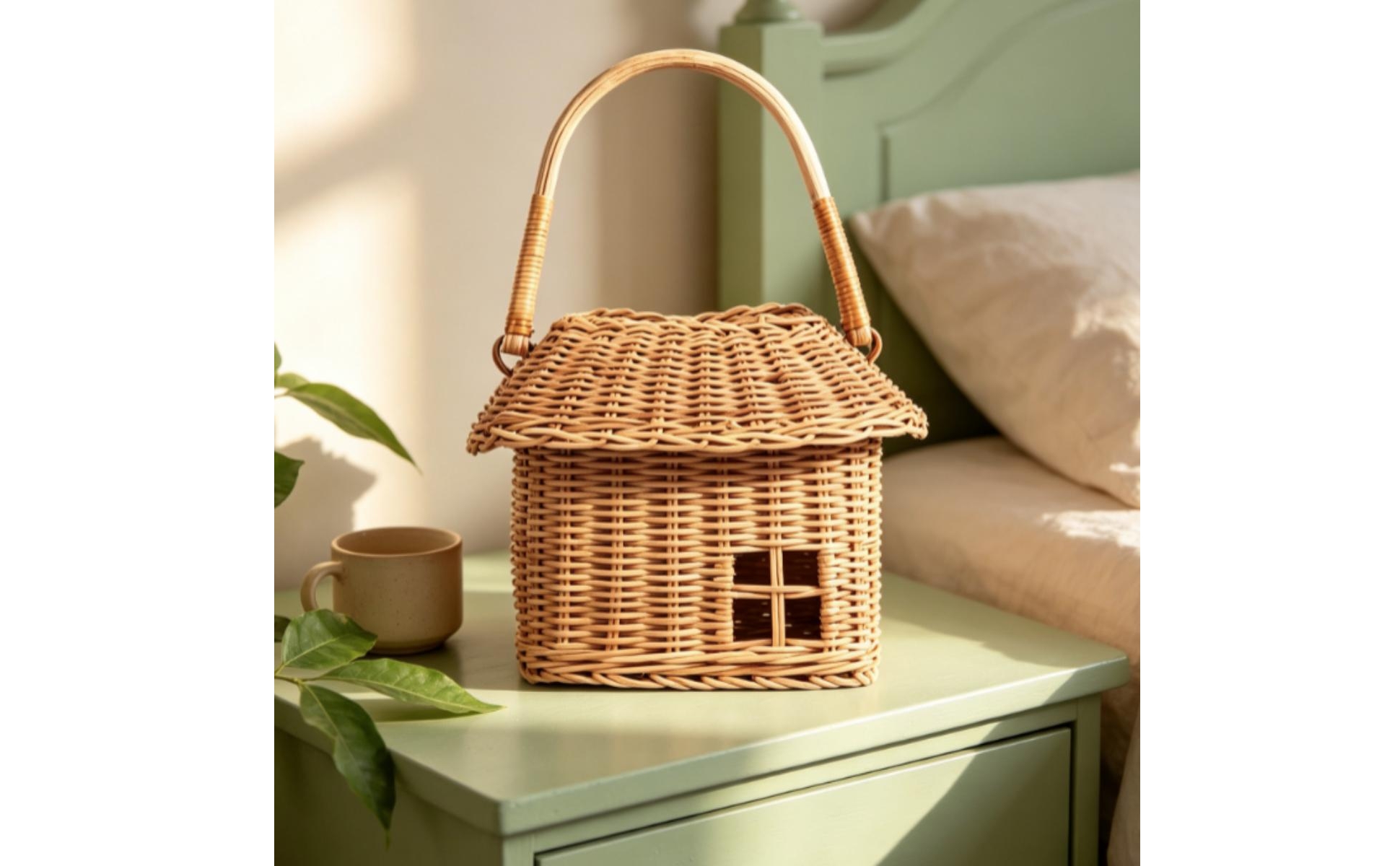 House-Shaped Basket Cute Wicker Basket with Lid Woven for Pretend Play, Toddlers