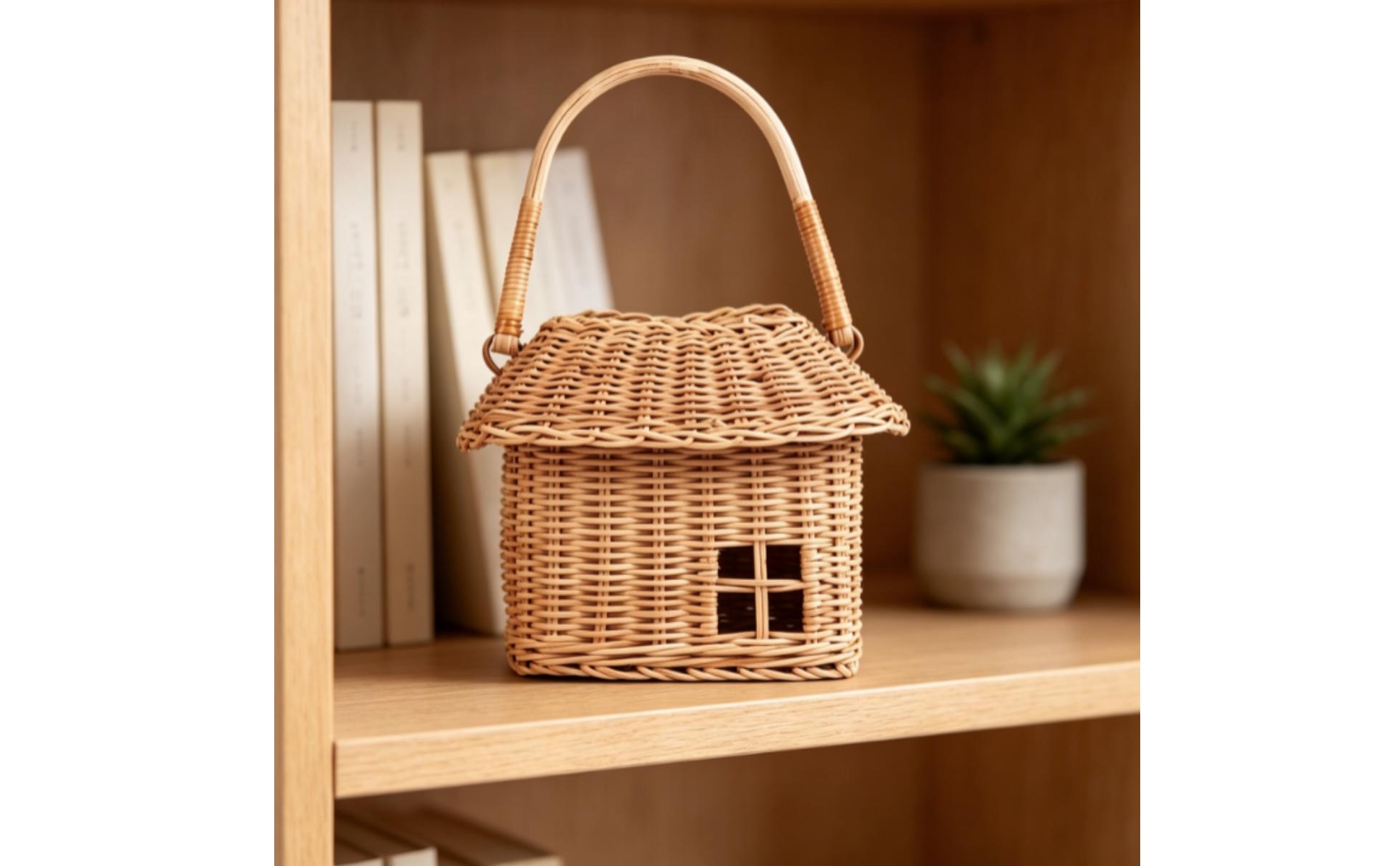 House-Shaped Basket Cute Wicker Basket with Lid Woven for Pretend Play, Toddlers