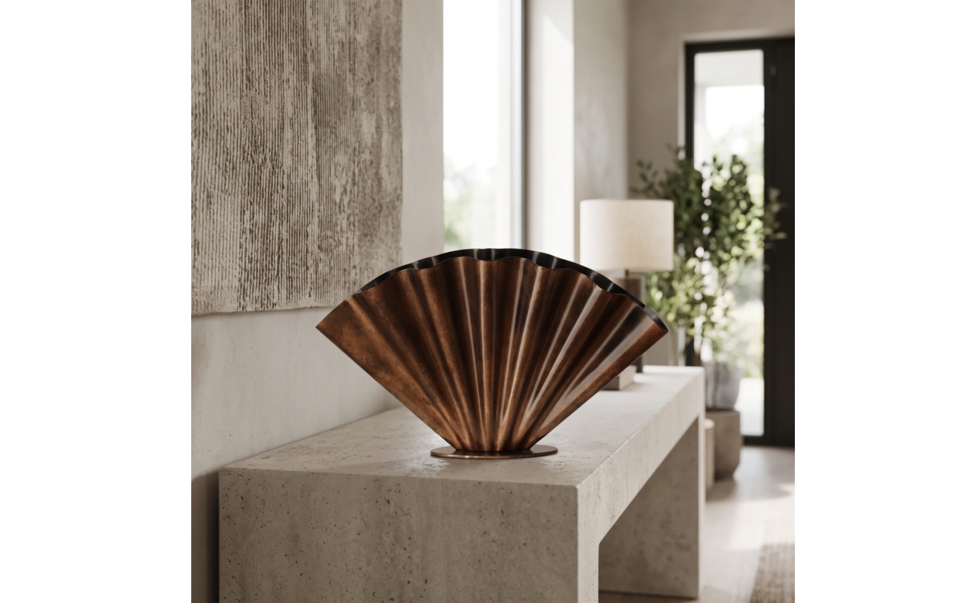 Pleated Metal Vase Antique Finish Fan-Shaped Vase Shiny for Entryway, Mantel