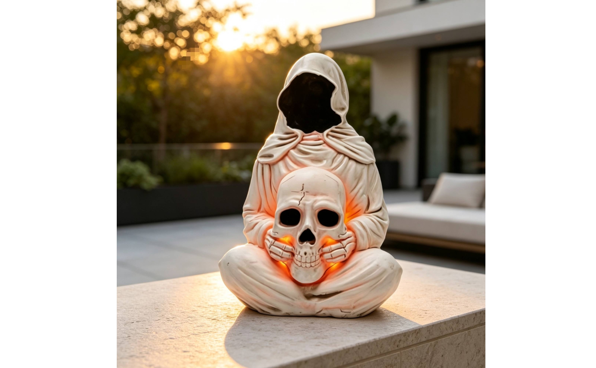 Grim Reaper Statue with Light Glowing Hooded Reaper Ornament Compact
