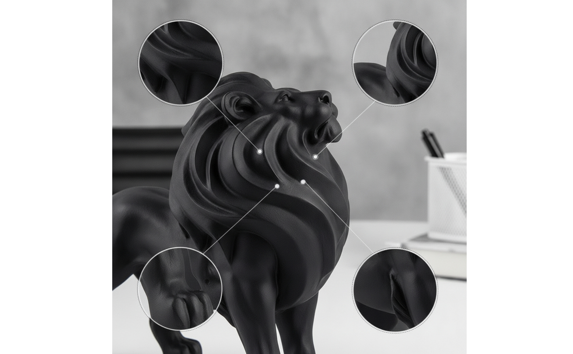 Standing Lion Statue Matte Black Lion Statue Sculpted for Office, Art Collectors