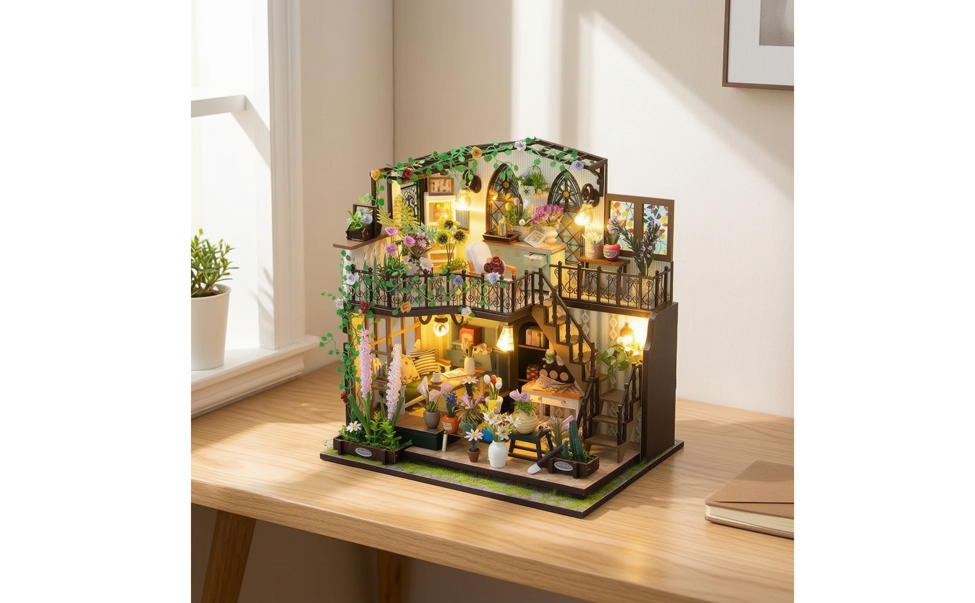 Maison de Fleurs Miniature DIY Maison Miniature avec Lumière LED Détaillé
