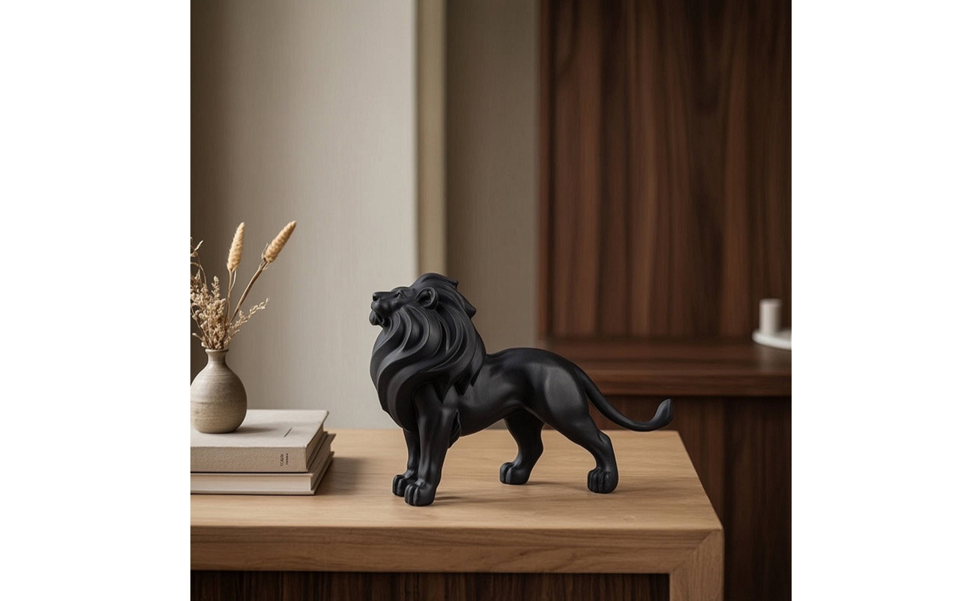 Standing Lion Statue Matte Black Lion Statue Sculpted for Office, Art Collectors
