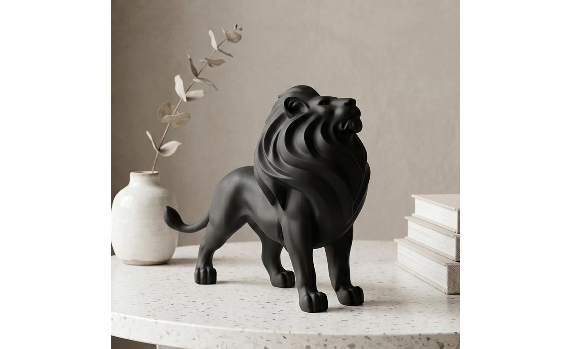 Standing Lion Statue Matte Black Lion Statue Sculpted for Office, Art Collectors