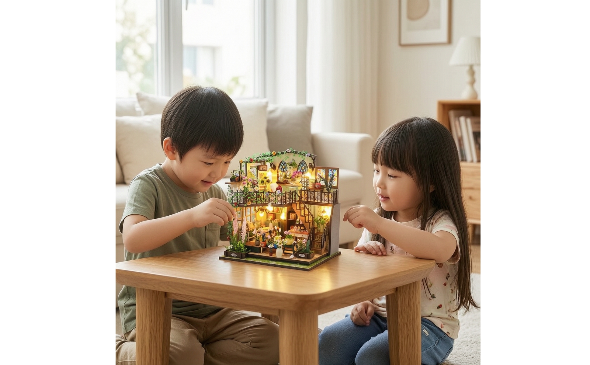 Maison de Fleurs Miniature DIY Maison Miniature avec Lumière LED Détaillé