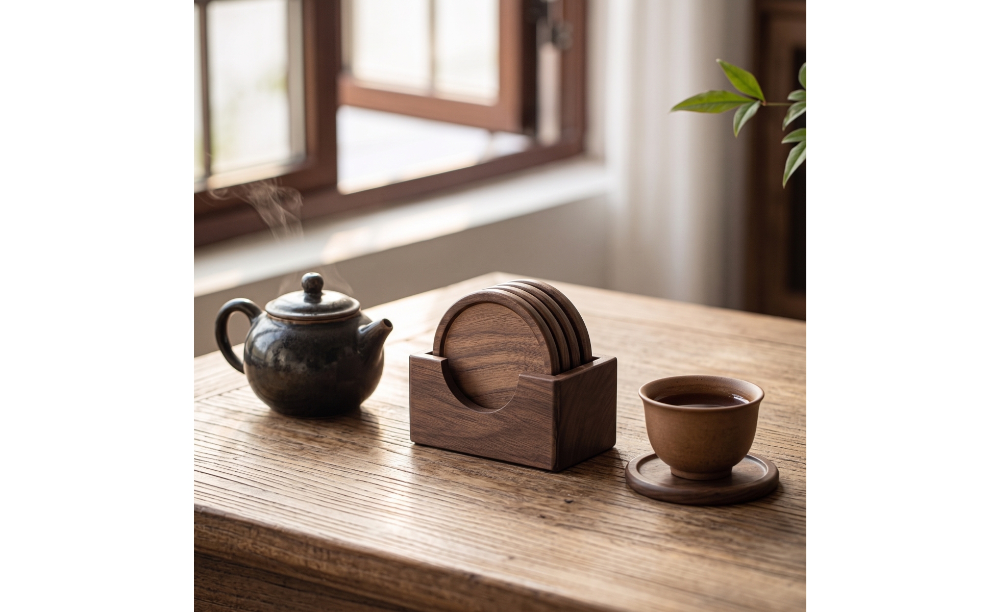 Walnut Coasters Round Wood Coasters with Holder Natural Grain for Tea Table