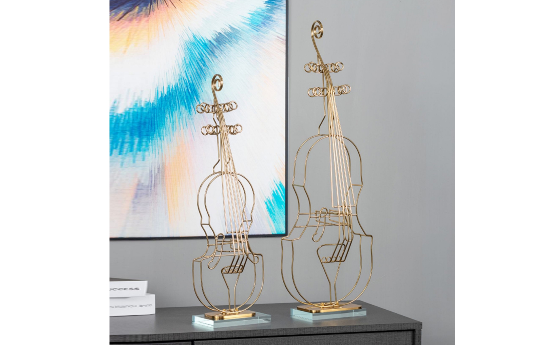 2 Pieces Violin Statue with Crystal Base Gold-Tone Violin Ornament Wireframe