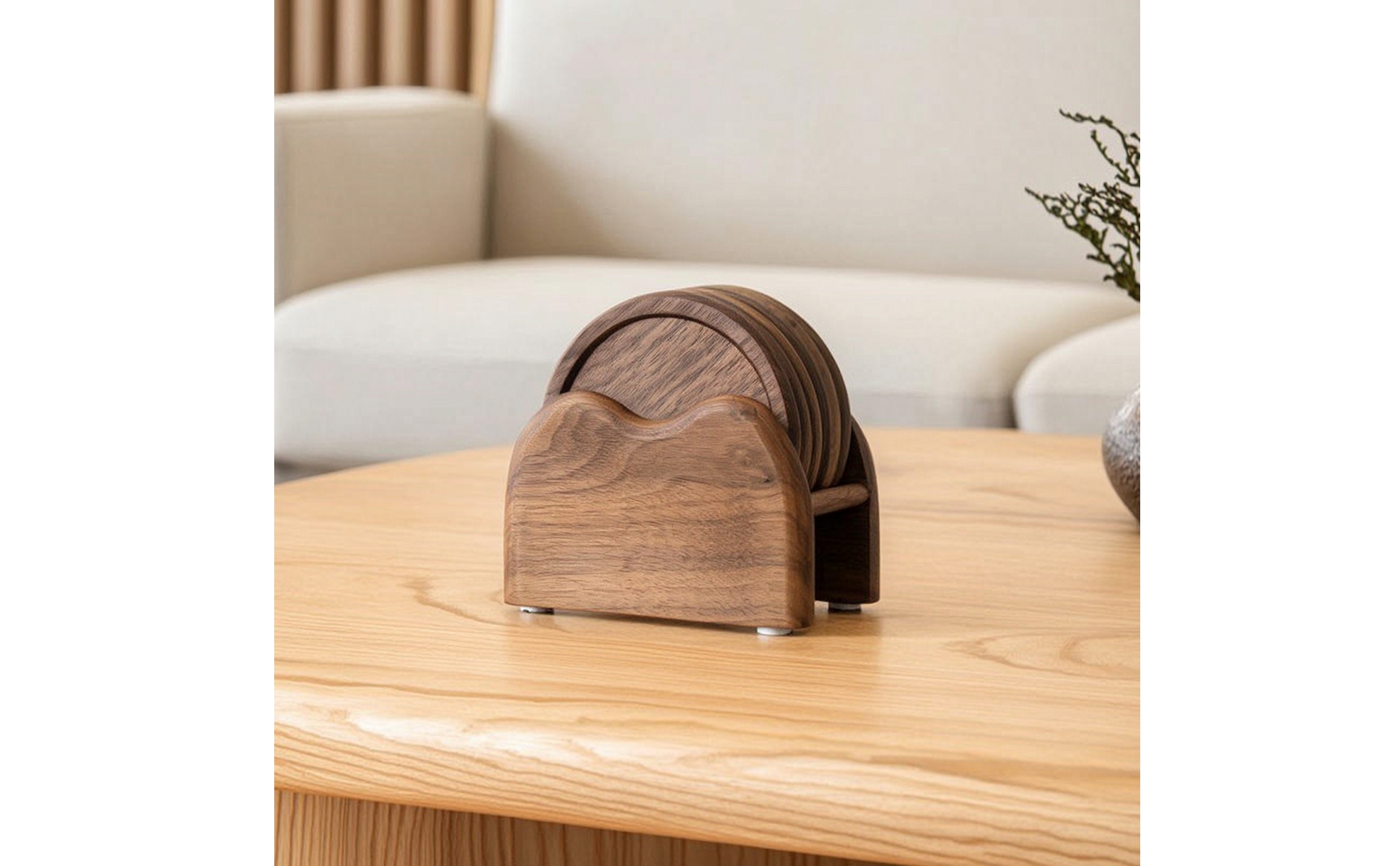 Walnut Coasters Round Wood Coasters with Holder Natural Grain for Tea Table