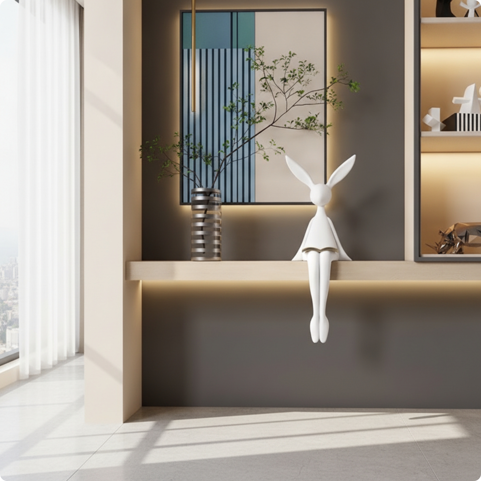 Dekofigur mit Buch Minimalistisch Hasenfigur Sitzend für Bücherregal,