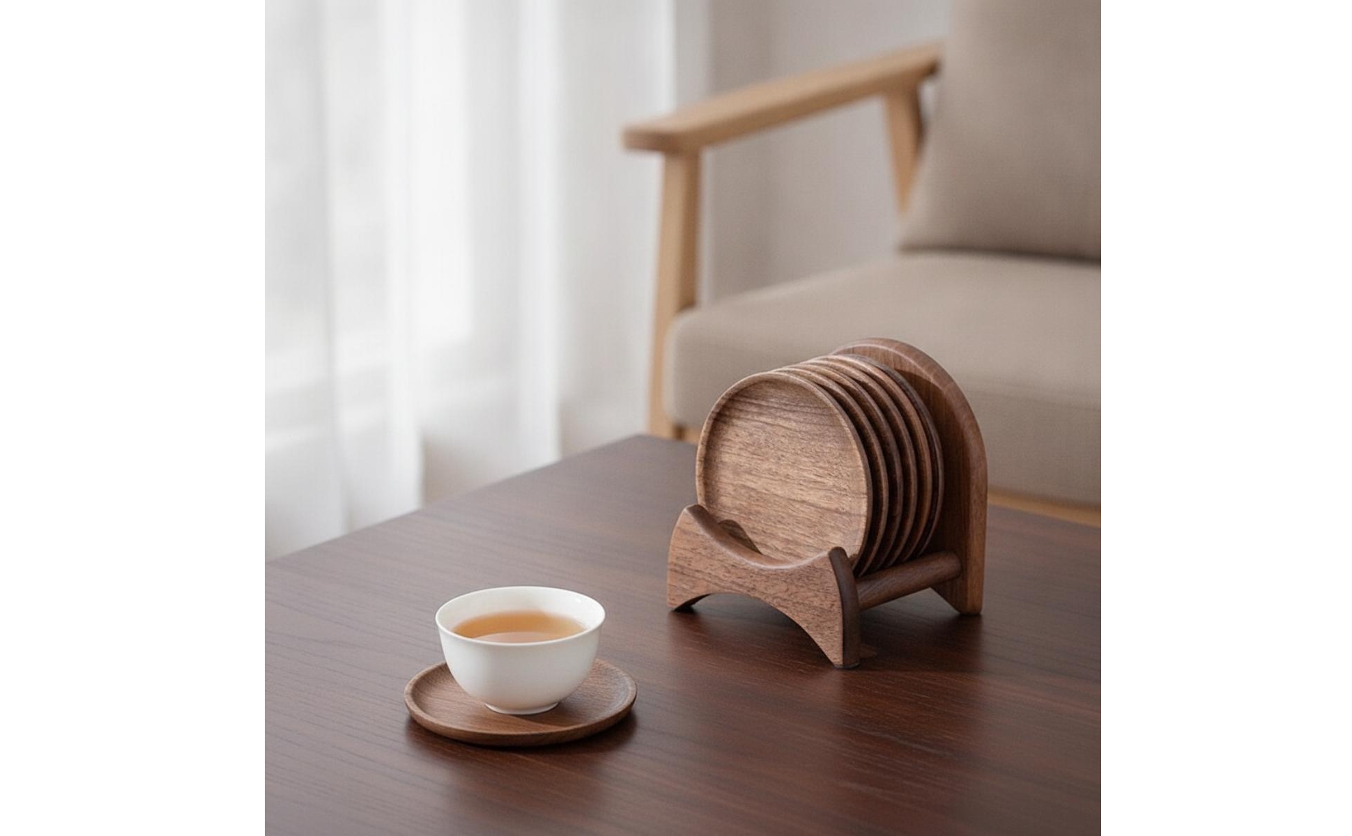Walnut Coasters Round Wood Coasters with Holder Natural Grain for Tea Table