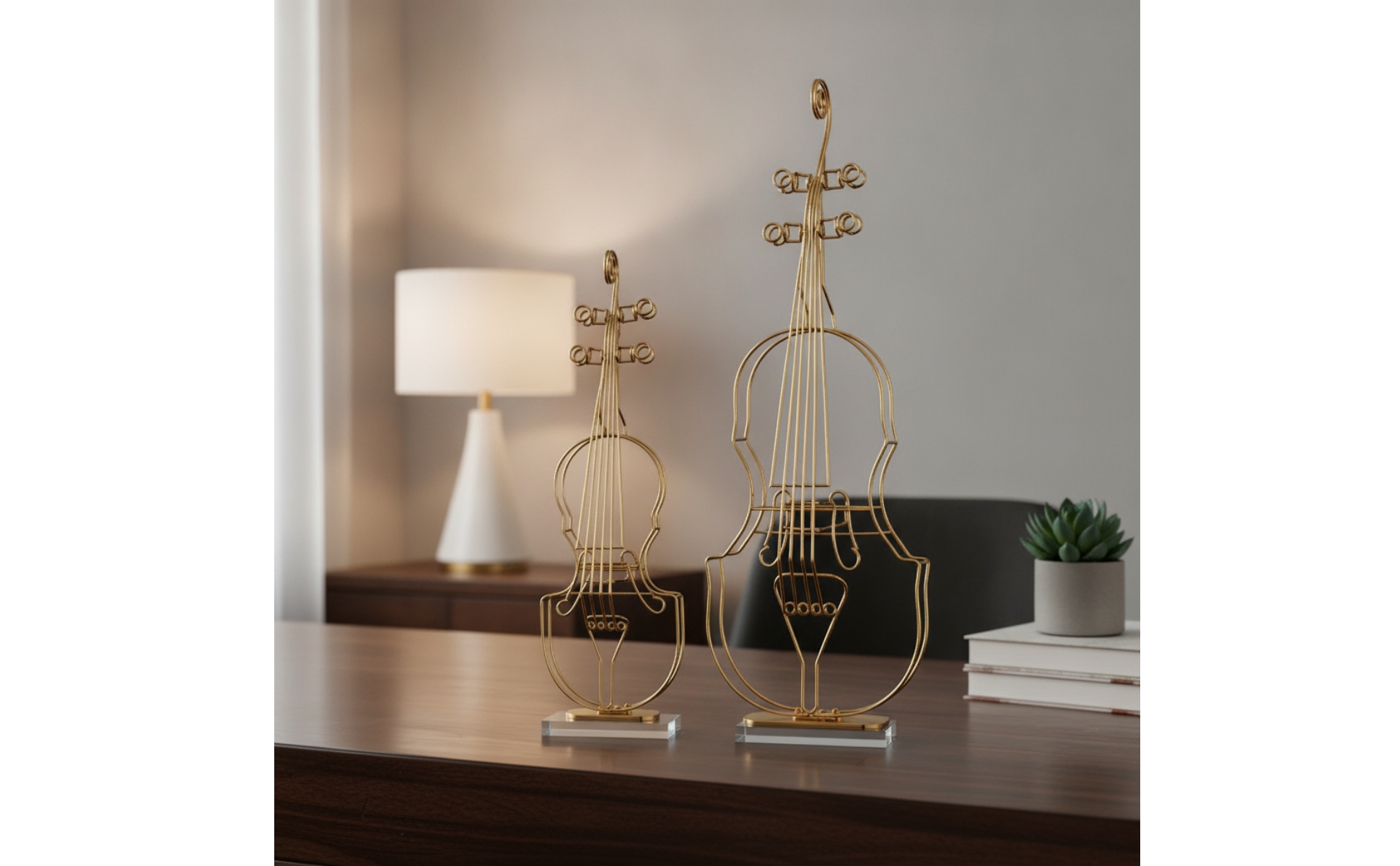 2 Pieces Violin Statue with Crystal Base Gold-Tone Violin Ornament Wireframe