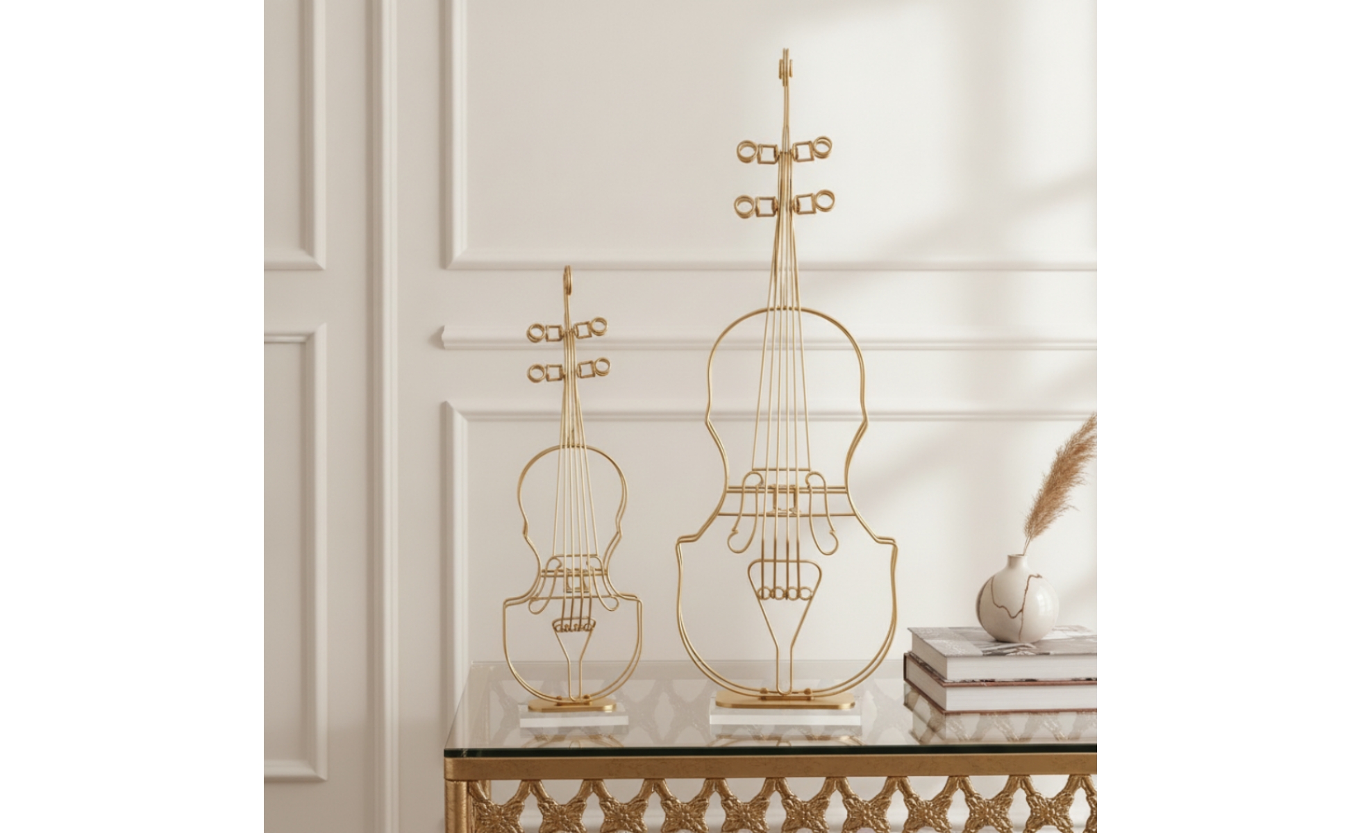2 Pieces Violin Statue with Crystal Base Gold-Tone Violin Ornament Wireframe