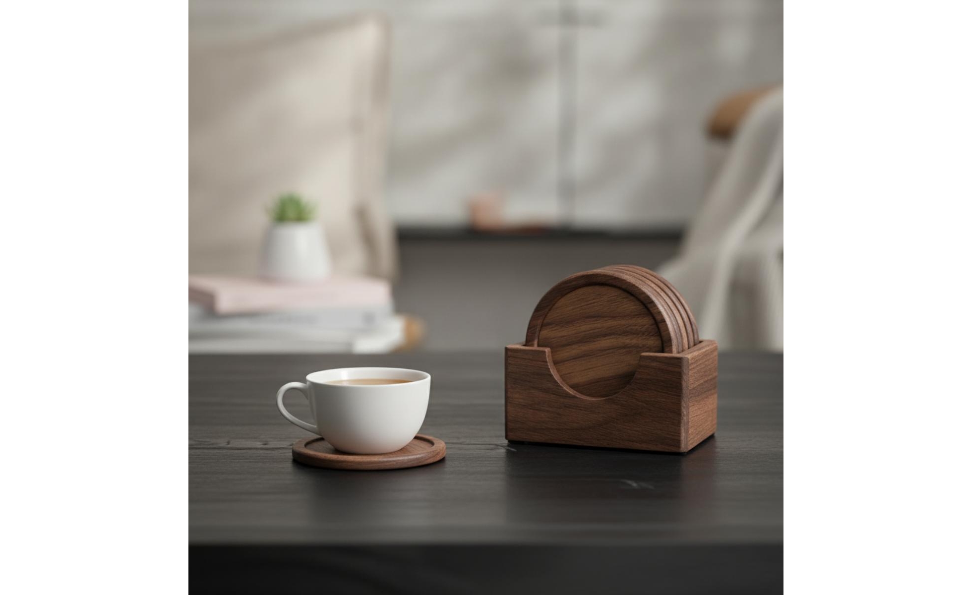 Walnut Coasters Round Wood Coasters with Holder Natural Grain for Tea Table