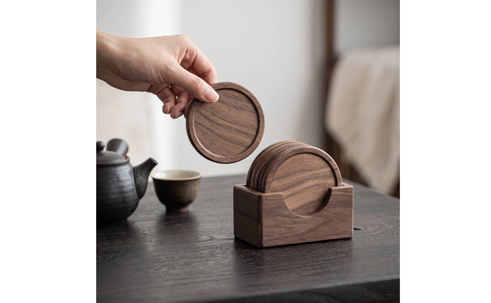 Walnut Coasters Round Wood Coasters with Holder Natural Grain for Tea Table