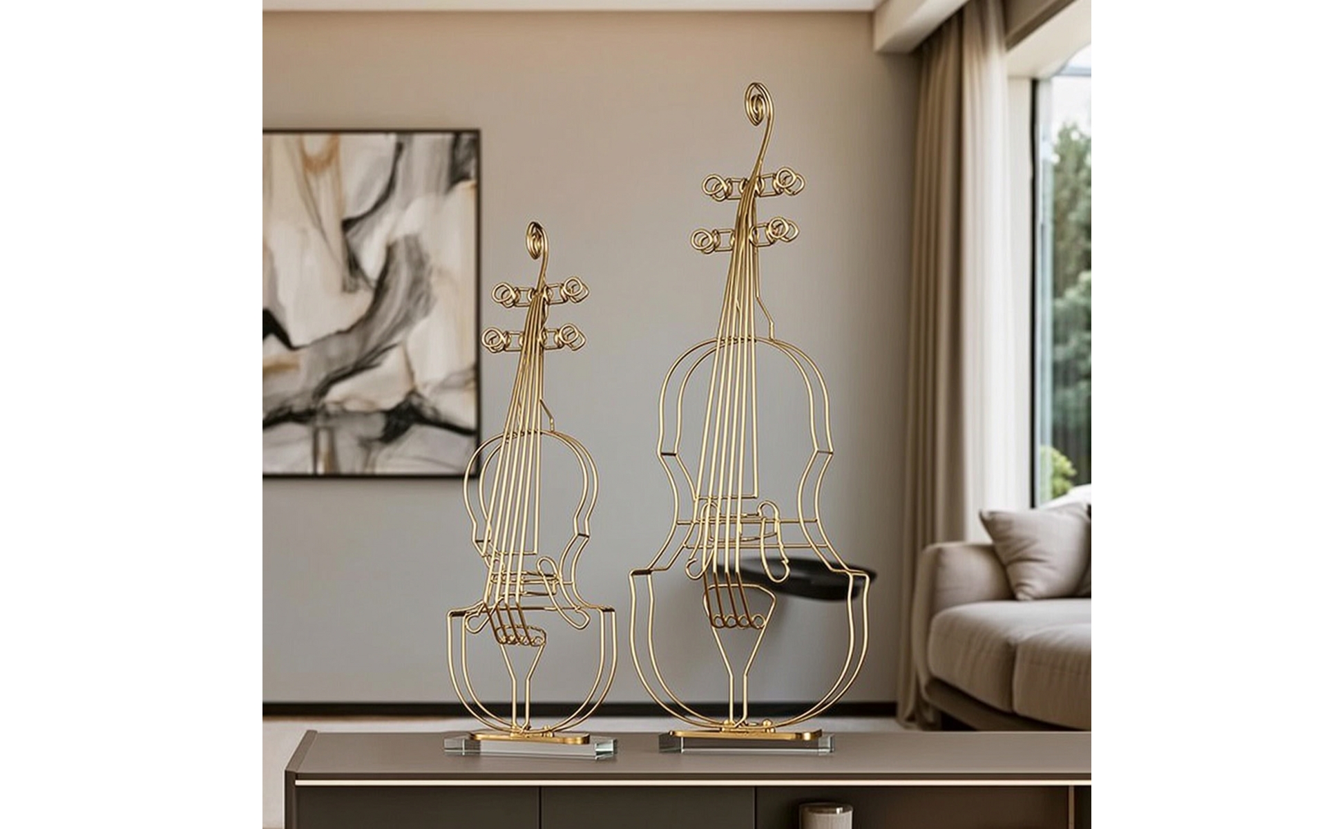 2 Pieces Violin Statue with Crystal Base Gold-Tone Violin Ornament Wireframe