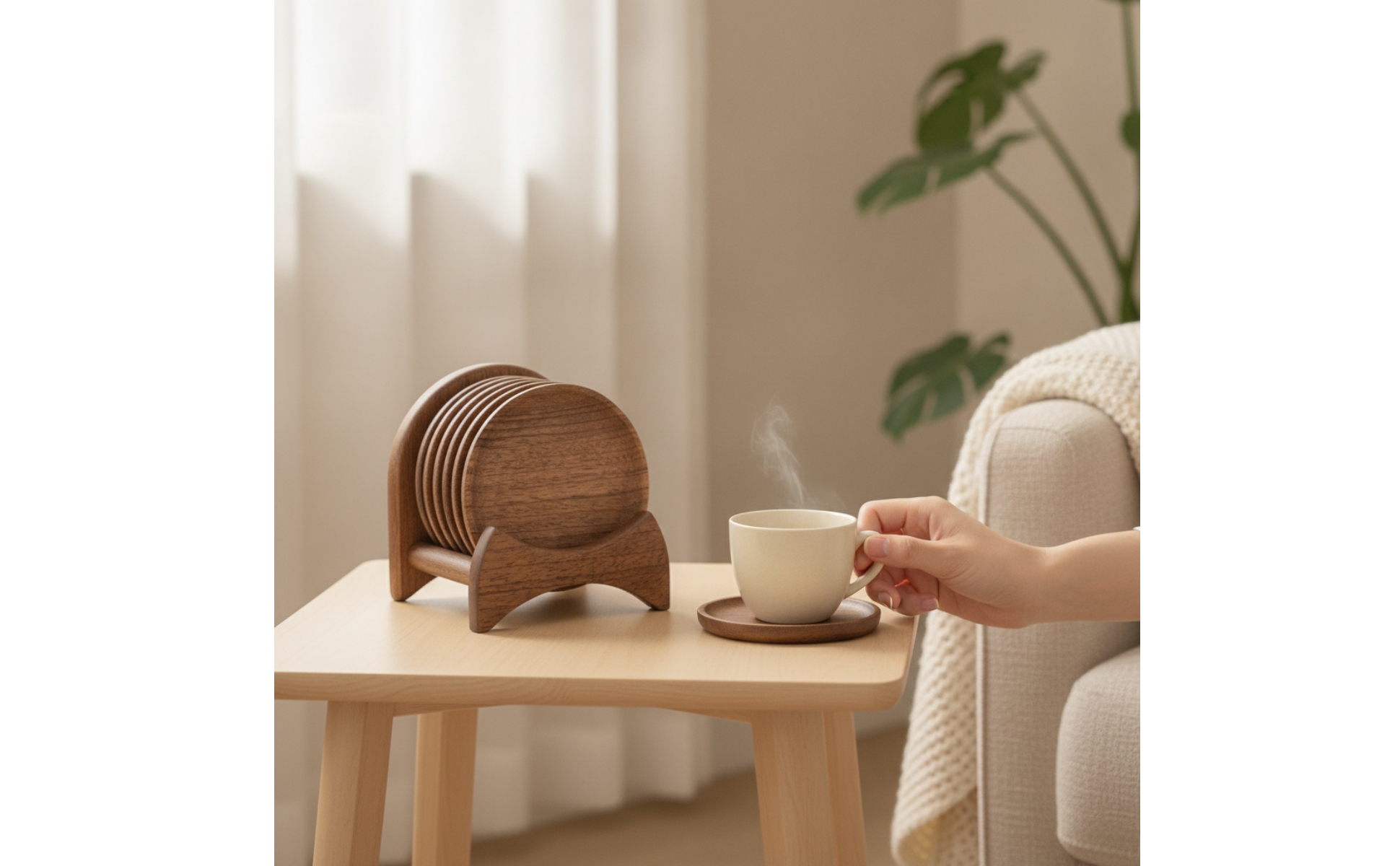 Walnut Coasters Round Wood Coasters with Holder Natural Grain for Tea Table
