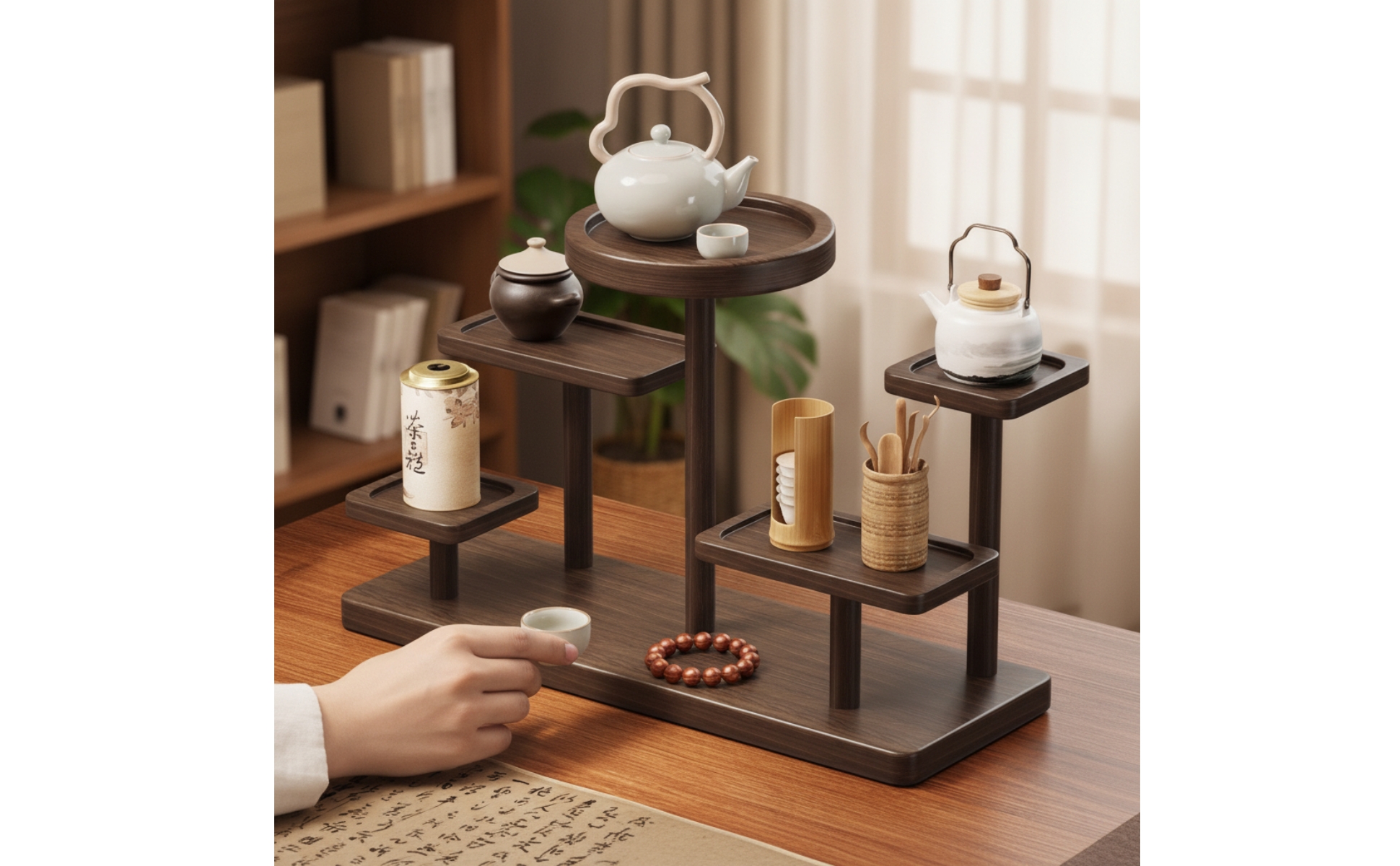 Tea Display Rack Walnut-Finish Tea Ware Rack Solid Wood for Kitchen Counter