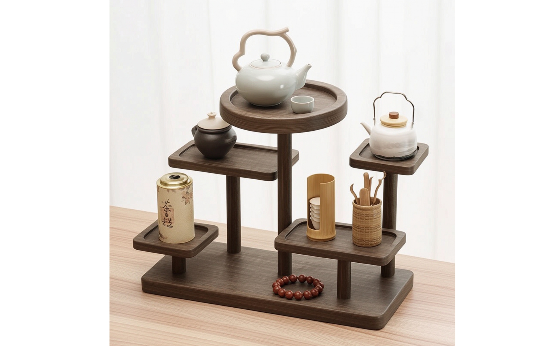Tea Display Rack Walnut-Finish Tea Ware Rack Solid Wood for Kitchen Counter