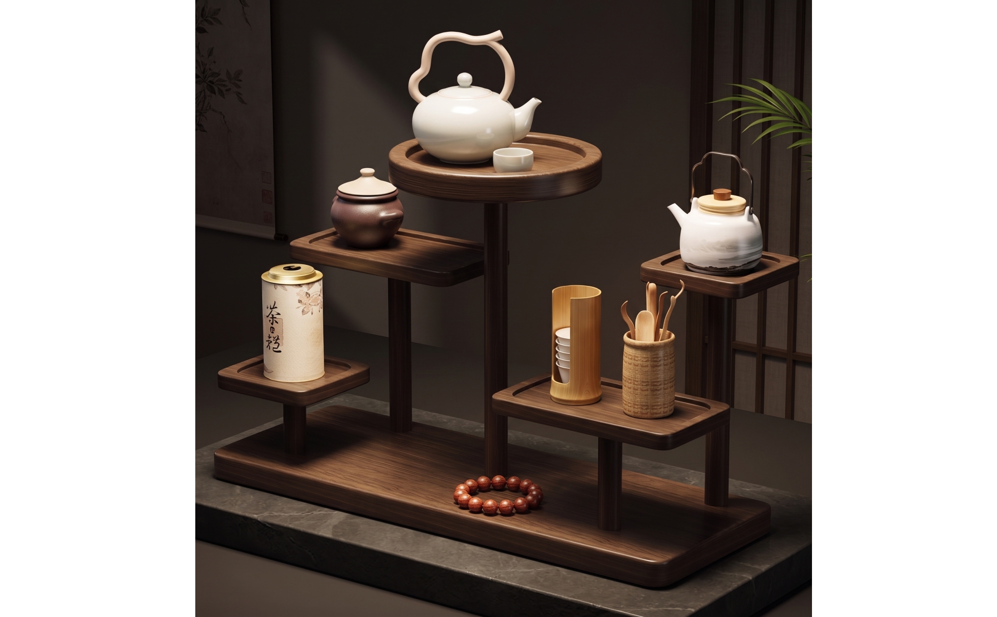 Tea Display Rack Walnut-Finish Tea Ware Rack Solid Wood for Kitchen Counter