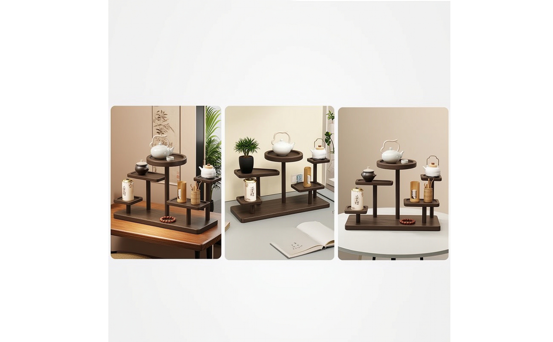 Tea Display Rack Walnut-Finish Tea Ware Rack Solid Wood for Kitchen Counter