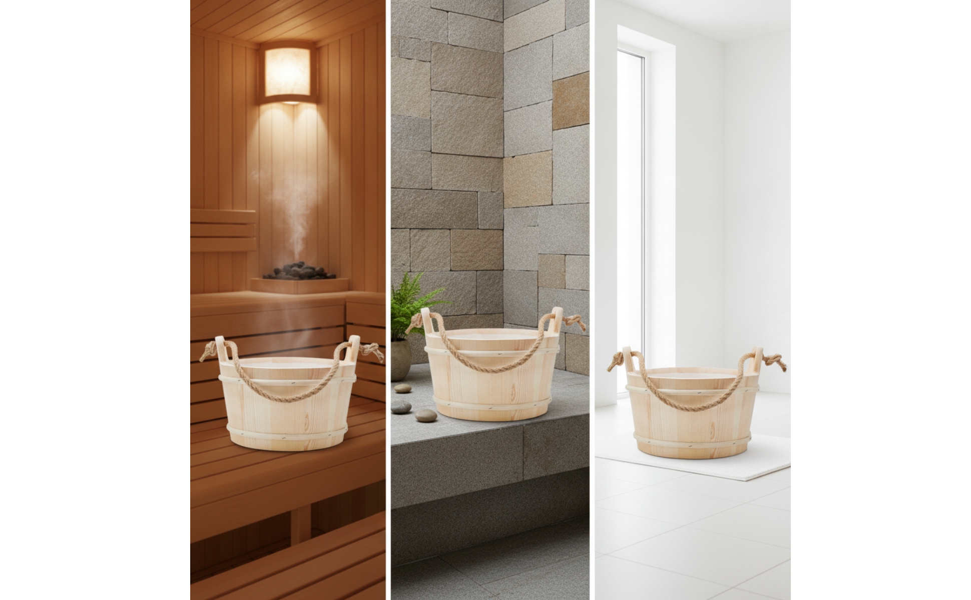 Wooden Sauna Pail with Rope Handle Natural Wood for Steam Room, Home Spa