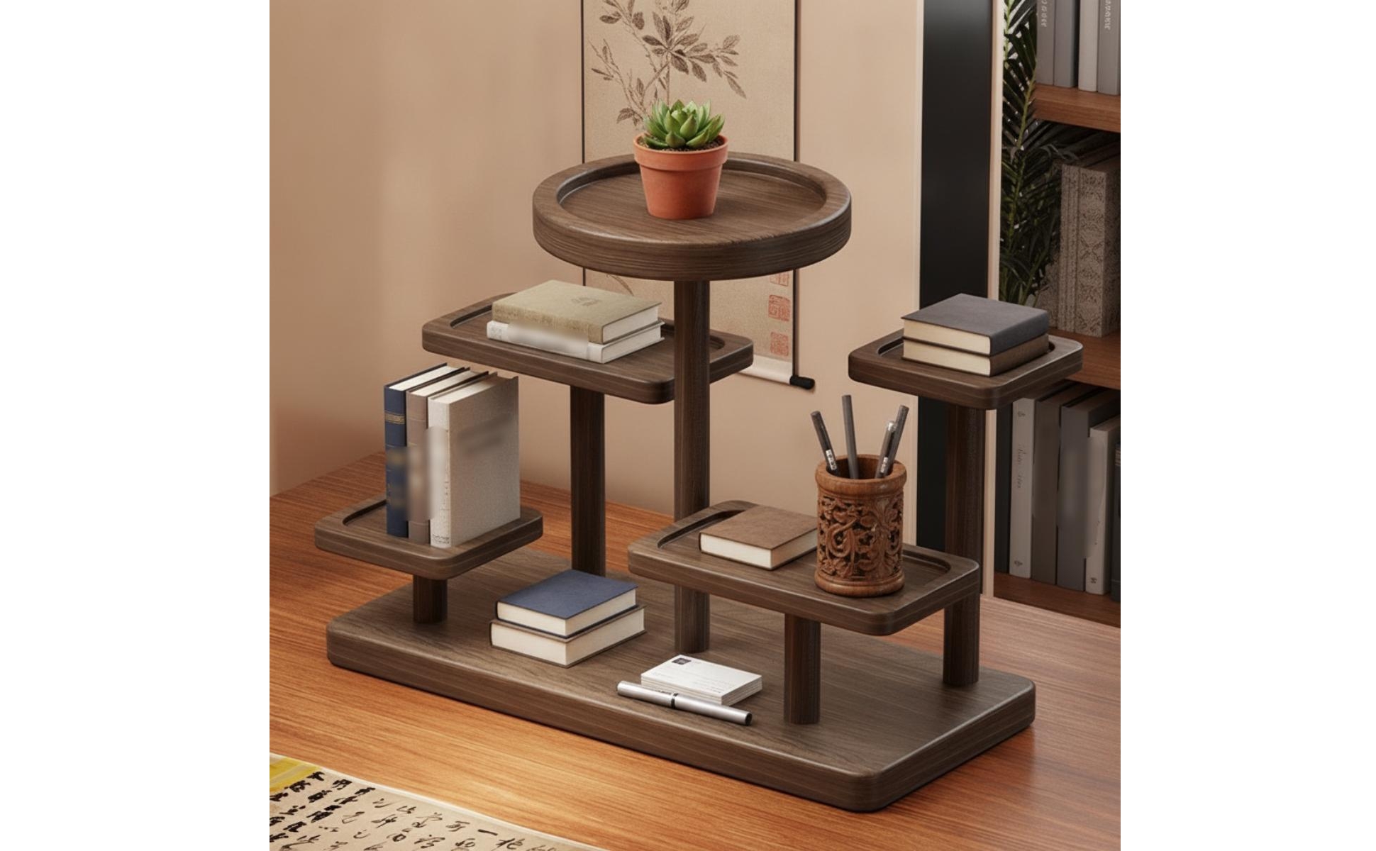 Tea Display Rack Walnut-Finish Tea Ware Rack Solid Wood for Kitchen Counter