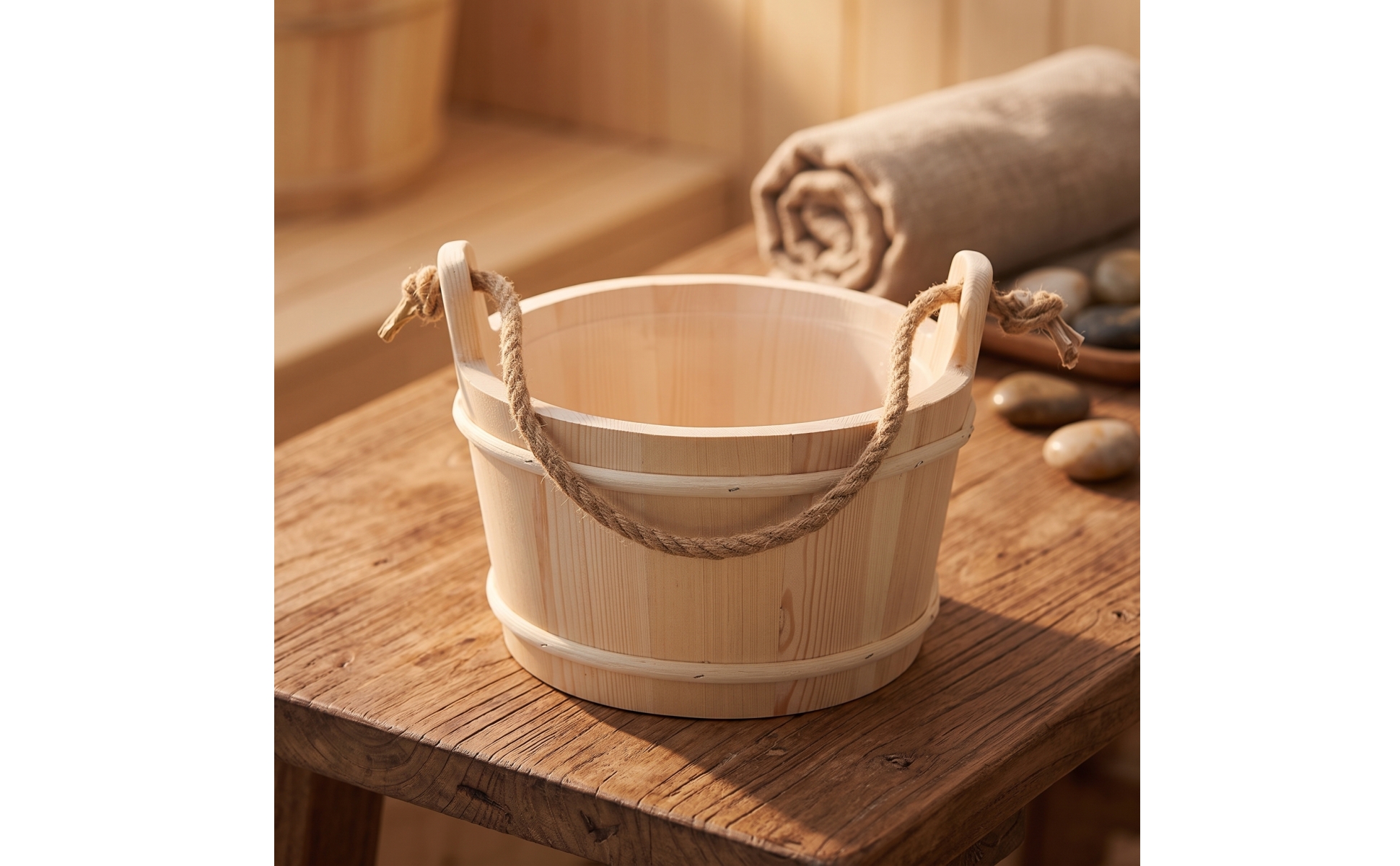 Wooden Sauna Pail with Rope Handle Natural Wood for Steam Room, Home Spa