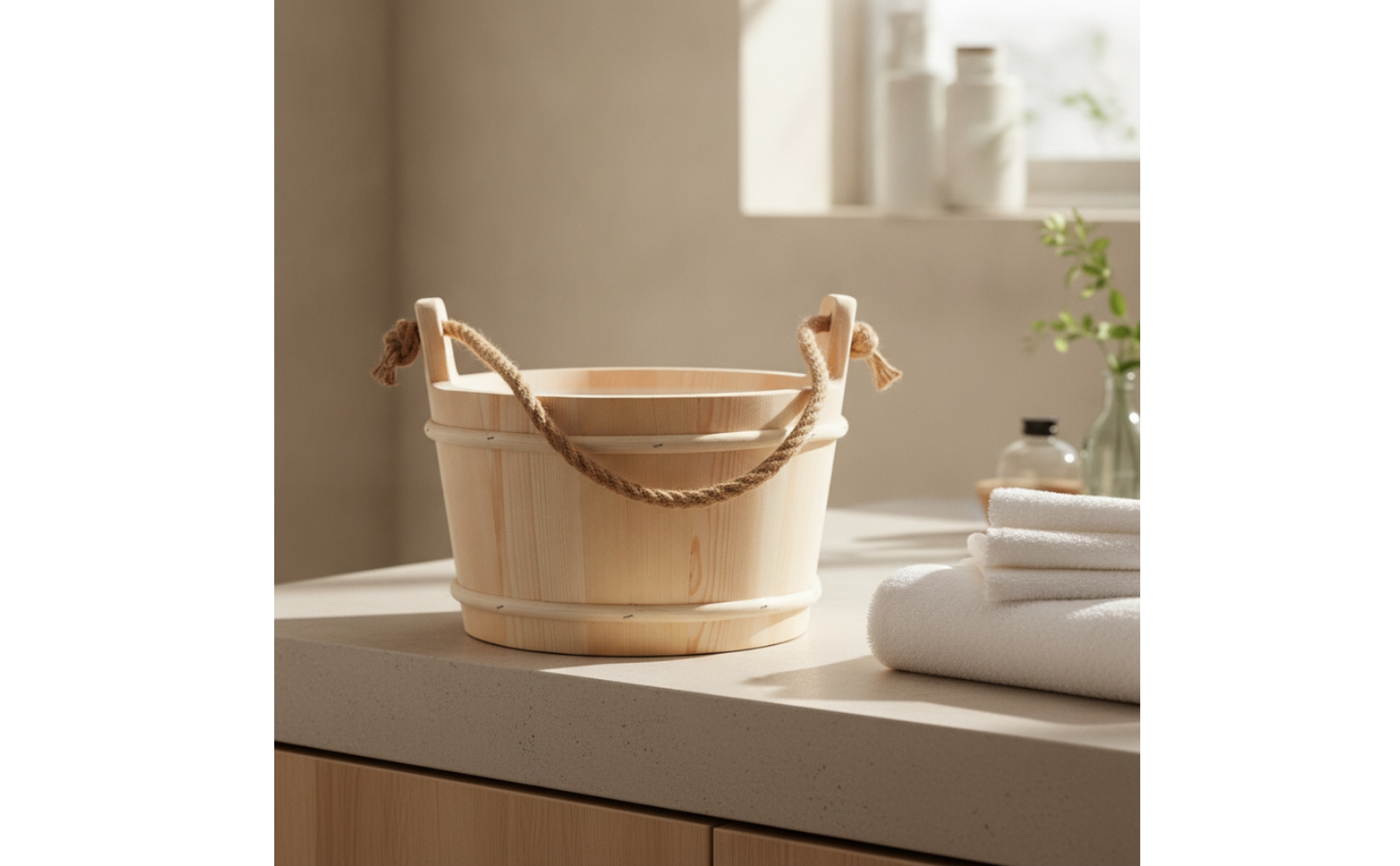 Wooden Sauna Pail with Rope Handle Natural Wood for Steam Room, Home Spa