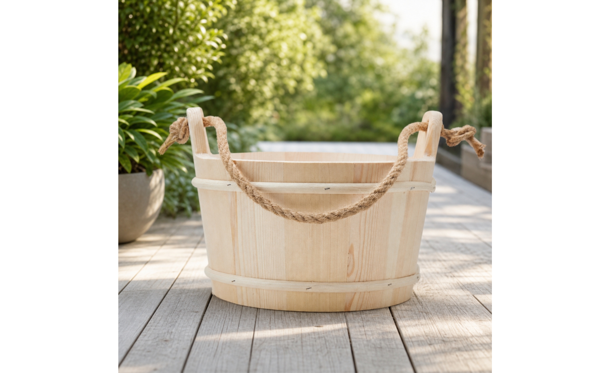 Wooden Sauna Pail with Rope Handle Natural Wood for Steam Room, Home Spa