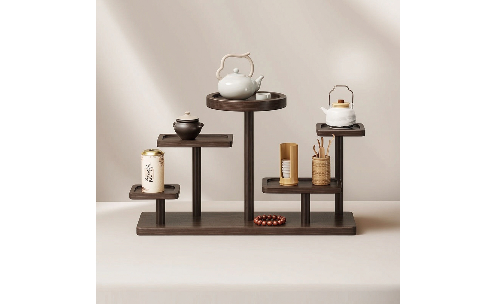 Tea Display Rack Walnut-Finish Tea Ware Rack Solid Wood for Kitchen Counter