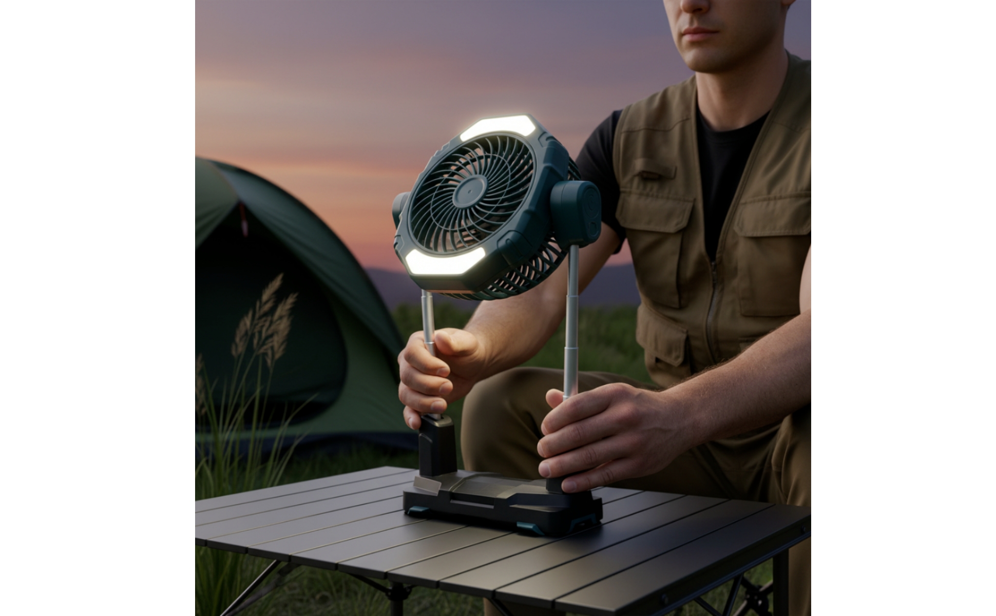 Solar Fan with Light Telescoping Portable Fan with LED Light Battery-Powered