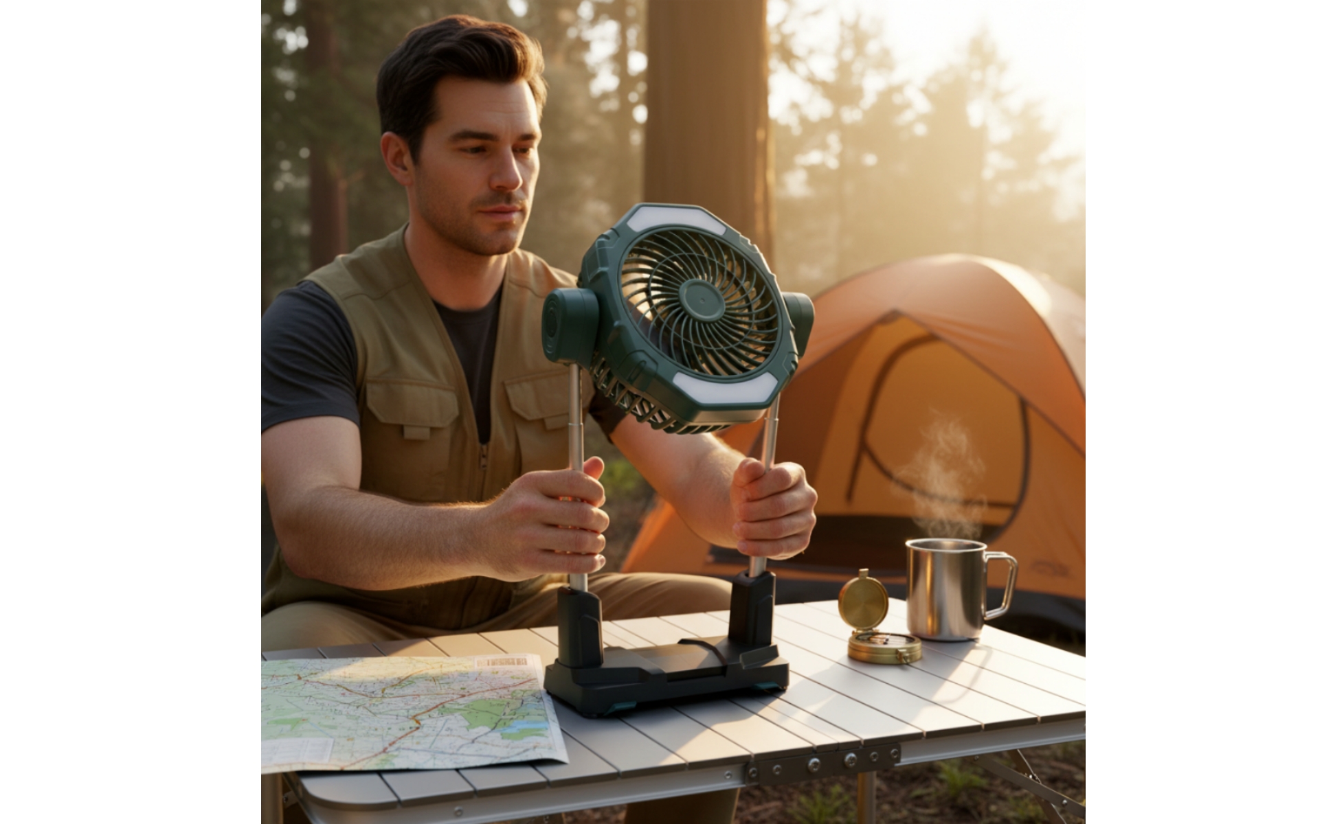 Solar Fan with Light Telescoping Portable Fan with LED Light Battery-Powered