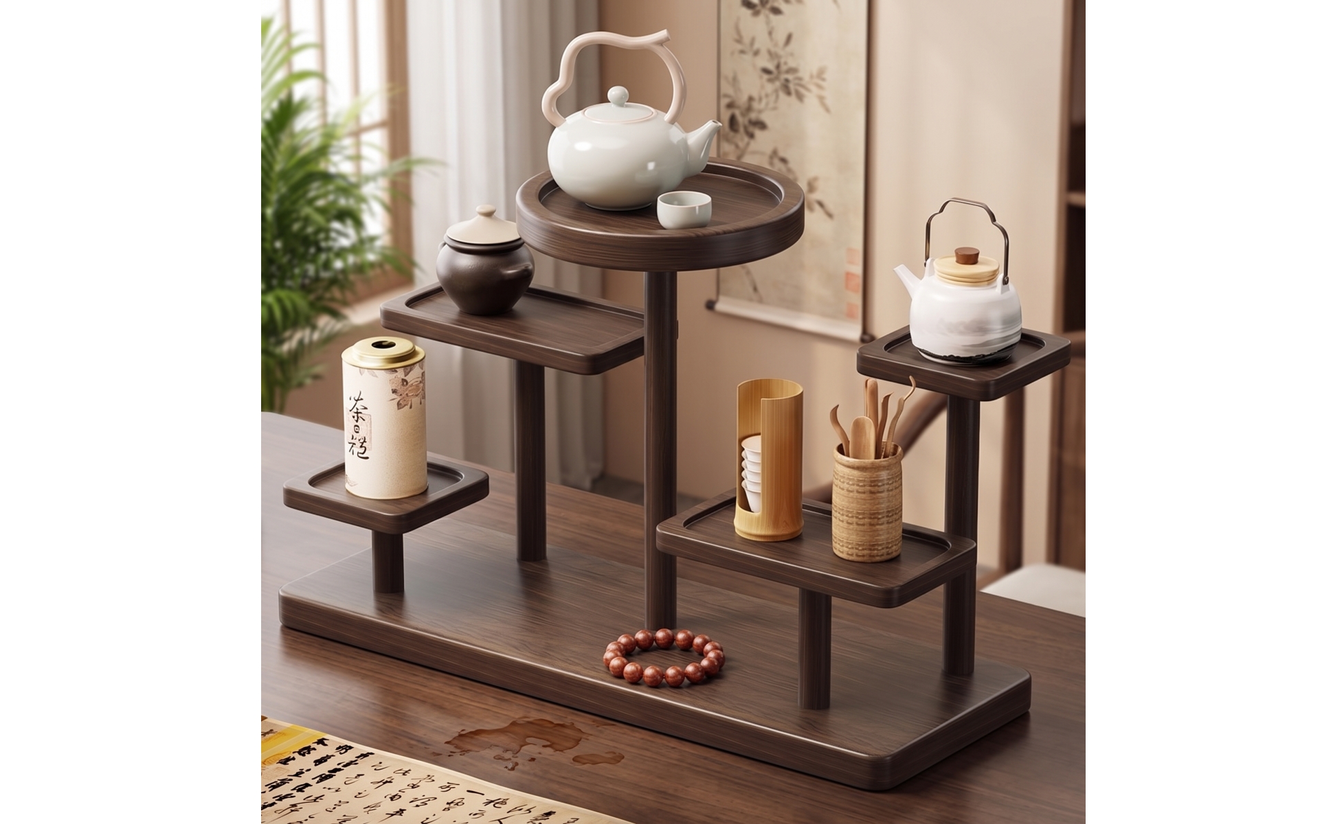 Tea Display Rack Walnut-Finish Tea Ware Rack Solid Wood for Kitchen Counter